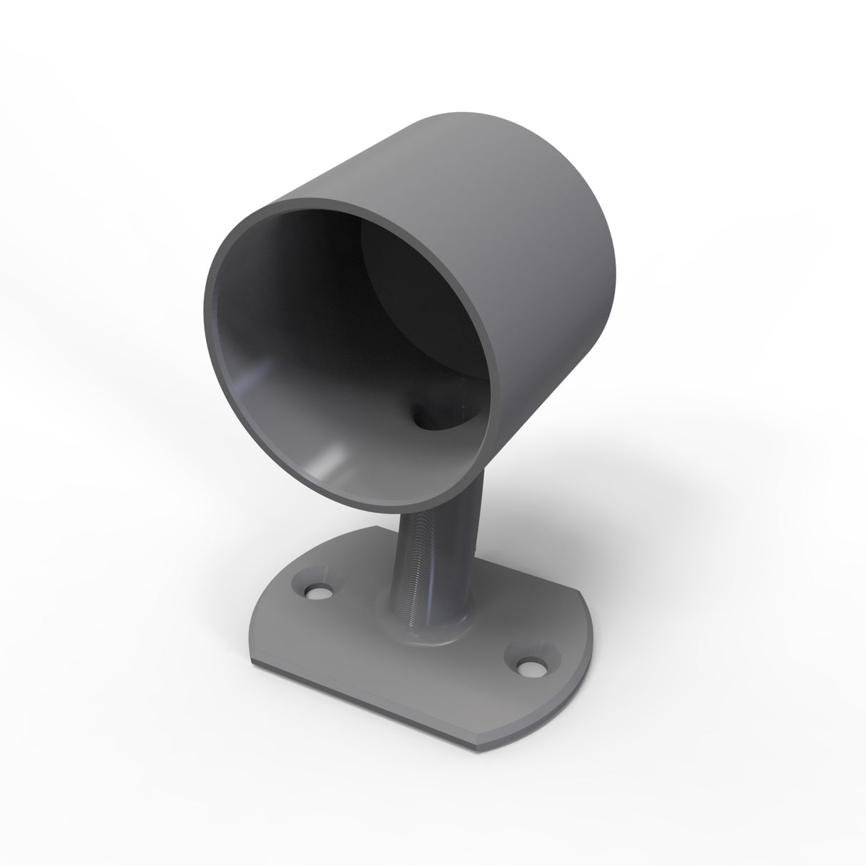 The Wired Post for 1.50 Round Profiles is a gray, cylindrical metal mount with an angled stand, crafted from brass or stainless steel. It features a flat base with two screw holes—ideal for supporting rods or LED diffuser tubes. Shown on white.