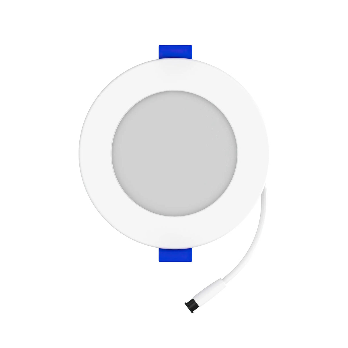 The 4 Ultra-Slim RGB+CCT Smart Wireless Downlight (EnoLED WSD-RGBCW-4) features a round, white flat surface, two blue clips, and a short white cable with a black connector extending from the edge, shown against a white background.