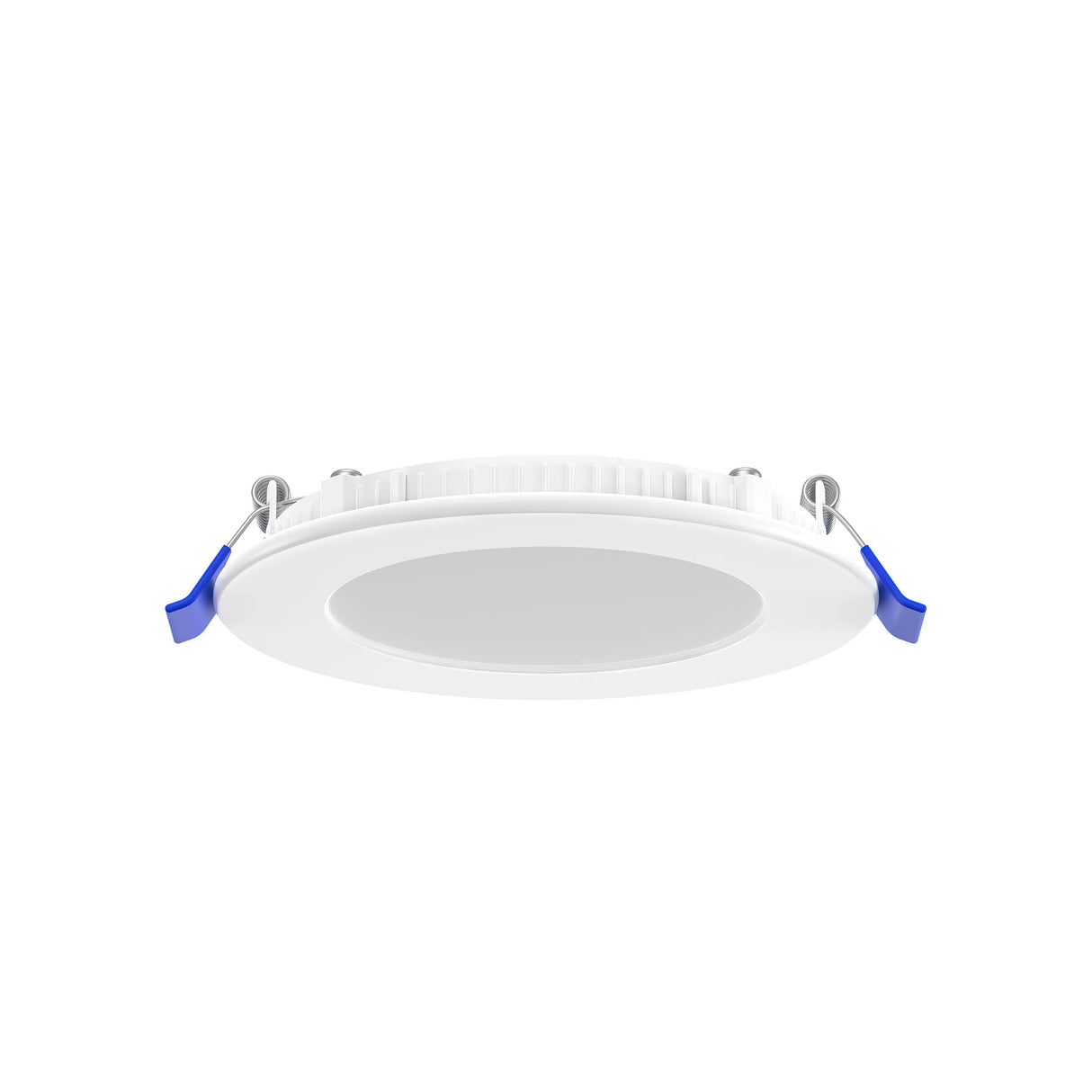 The 4 Ultra-Slim RGB+CCT Smart Wireless Downlight (EnoLED WSD-RGBCW-4) is a round, white LED recessed ceiling light with two blue spring clips on each side, shown against a plain white background.