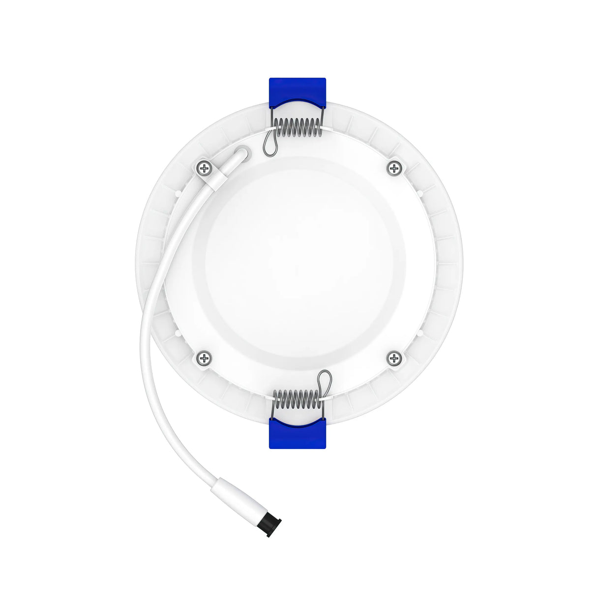 The 4 Ultra-Slim RGB+CCT Smart Wireless Downlight (EnoLED WSD-RGBCW-4) features a round white casing, exposed screws, blue spring clips, and a white electrical cable with connector, shown from the back view.