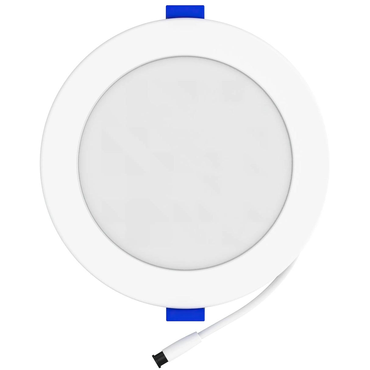 The 6 Ultra-Slim RGB+CCT Smart Wireless Downlight (EnoLED WSD-RGBCW-6) features a white frame, blue mounting clips, and a white power cable with a black connector. It offers voice control and customizable RGB+CCT lighting.