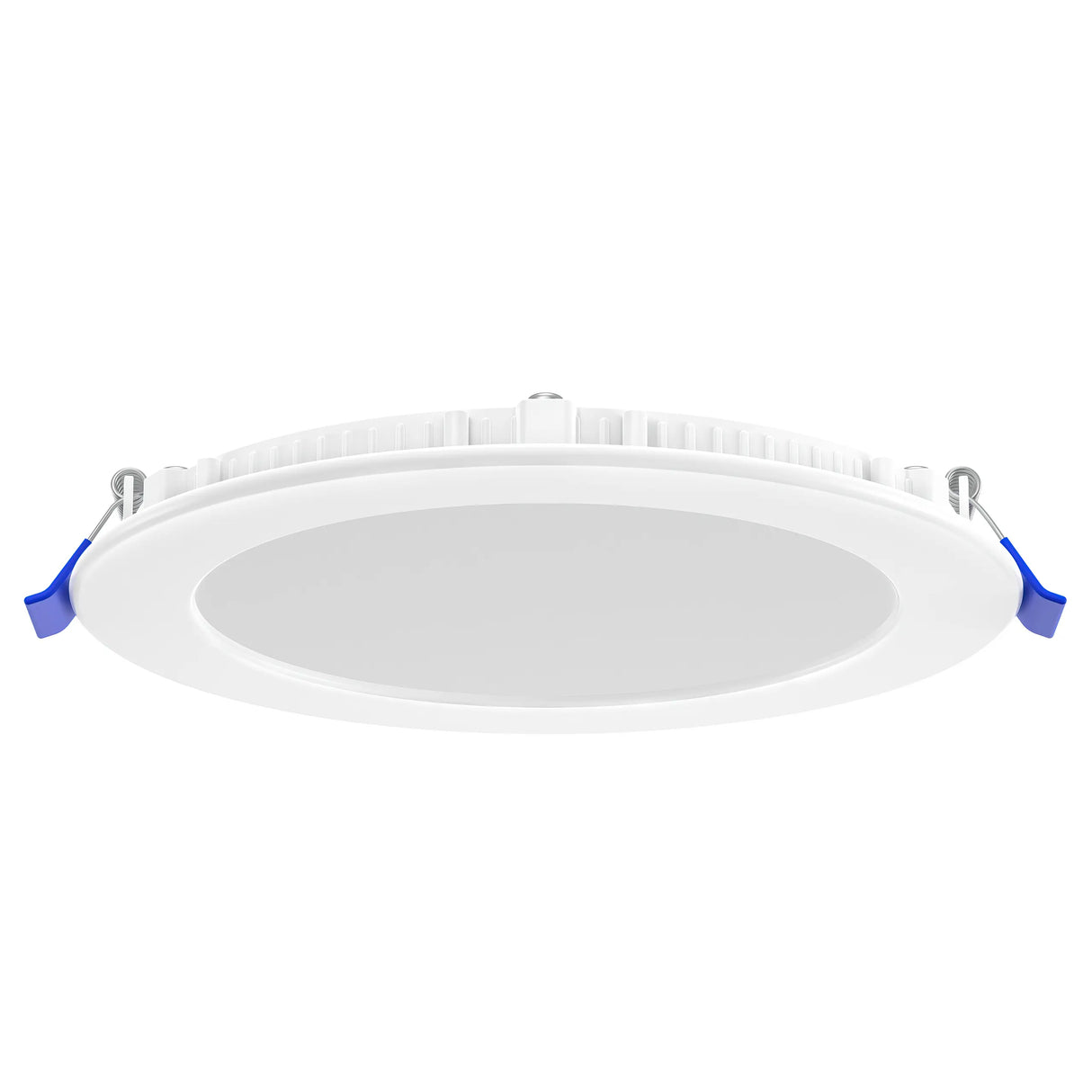 The 6 Ultra-Slim RGB+CCT Smart Wireless Downlight (EnoLED WSD-RGBCW-6) is a white, round fixture with blue spring clips, shown from a low angle against a white background.