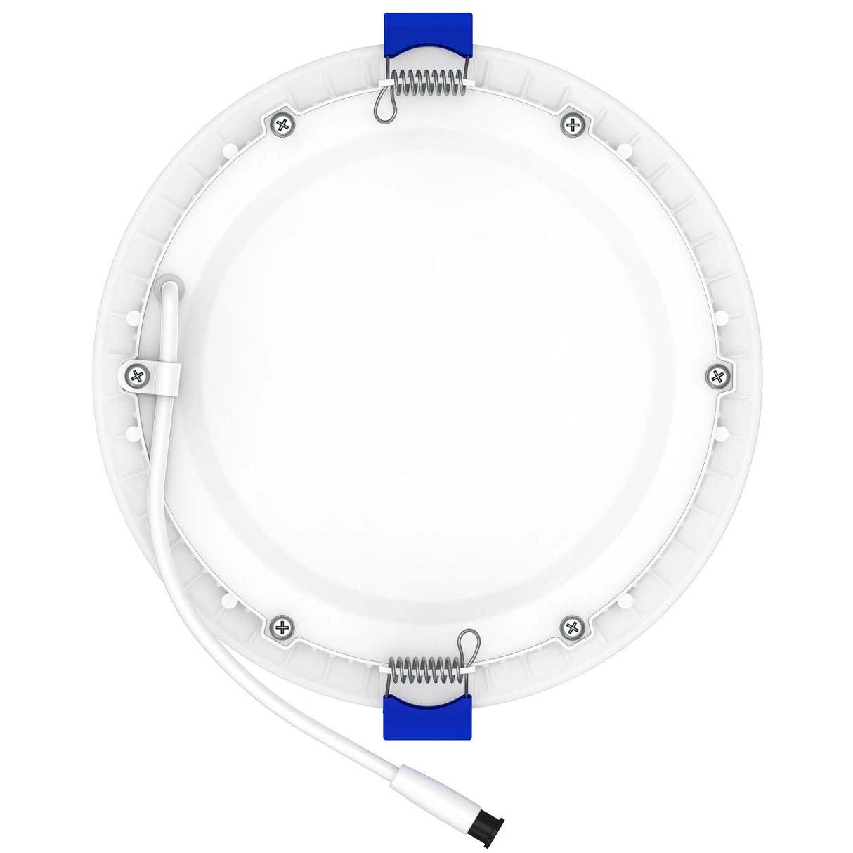 The 6 Ultra-Slim RGB+CCT Smart Wireless Downlight (EnoLED WSD-RGBCW-6) is a round white LED ceiling panel with mounting clips, screws, a white cable, two blue spring clamps, plus RGB+CCT lighting and voice control support.