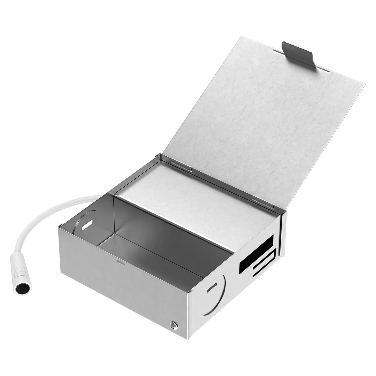 The 6 Ultra-Slim RGB+CCT Smart Wireless Downlight (EnoLED WSD-RGBCW-6) fits perfectly into a metal electrical junction box featuring an open hinged lid, white cable, and multiple wiring cutouts for easy smart lighting integration.