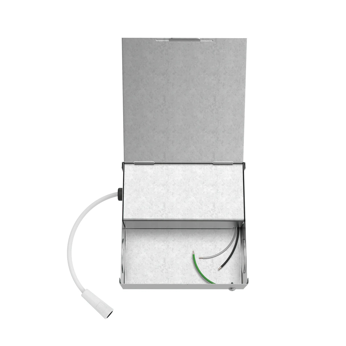 A metal junction box with an open hinged lid displays internal wiring and a white connector cable, ready for installation of the 6 Ultra-Slim RGB+CCT Smart Wireless Downlight (EnoLED WSD-RGBCW-6) for voice control integration.