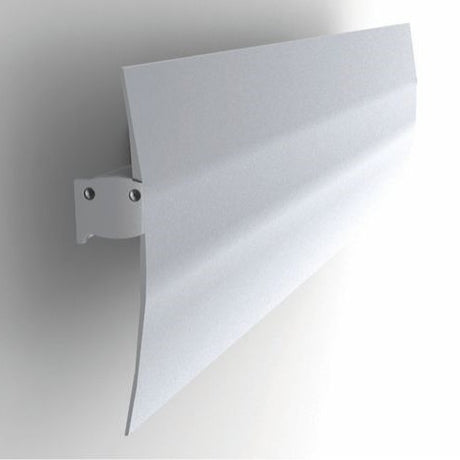 A modern, minimalist white wall-mounted radiator with a smooth, curved panel pairs with the sleek Up/Down Linear LED Sconce Channel ~ Model Wall LED Lamp, both elegantly attached to the wall by two visible brackets.