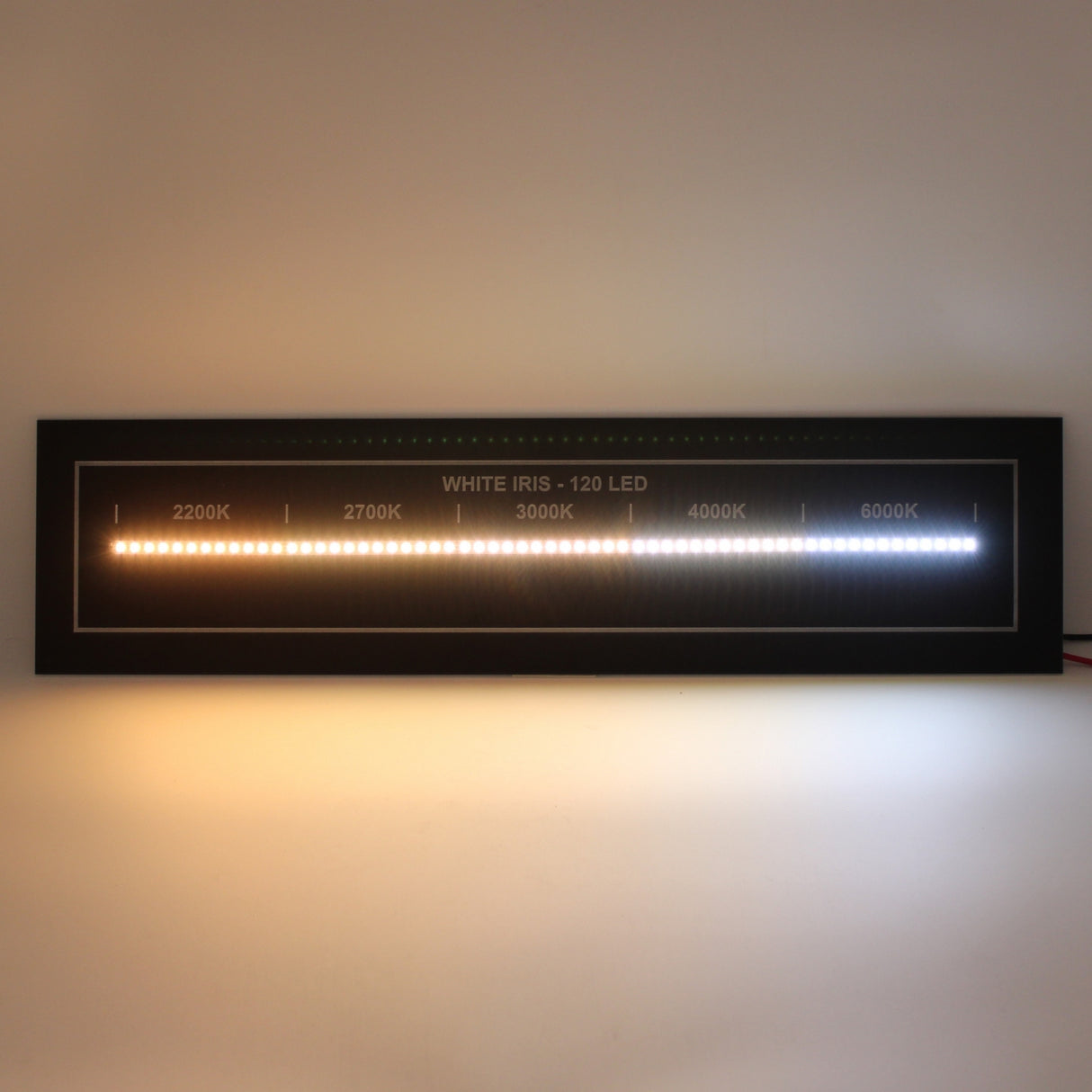 The White Iris Series High CRI IP20 LED Strip (24V) displays a gradient of white light from warm yellow (2200K) to cool white (6000K), with labeled color temperatures above the LED panel.