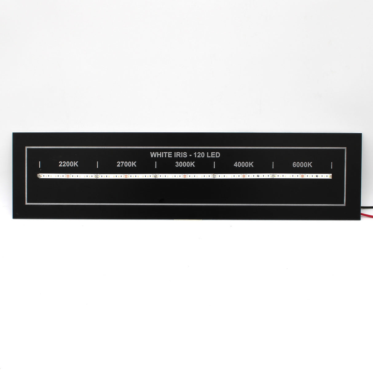 A rectangular LED light panel labeled White High CRI IP20 LED Strip (24V) ~ White Iris Series, featuring a high CRI strip and color temperature range from 2200K to 6000K marked above the strip.
