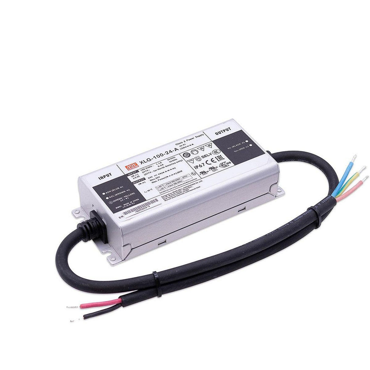 The Compact IP67 Waterproof LED Driver (24V) ~ Meanwell XLG Series is a rectangular unit with a gray metal case, labeled XLG-100-24-A. It offers input/output info, certification symbols, and black cables with stripped colored wires for lighting use.