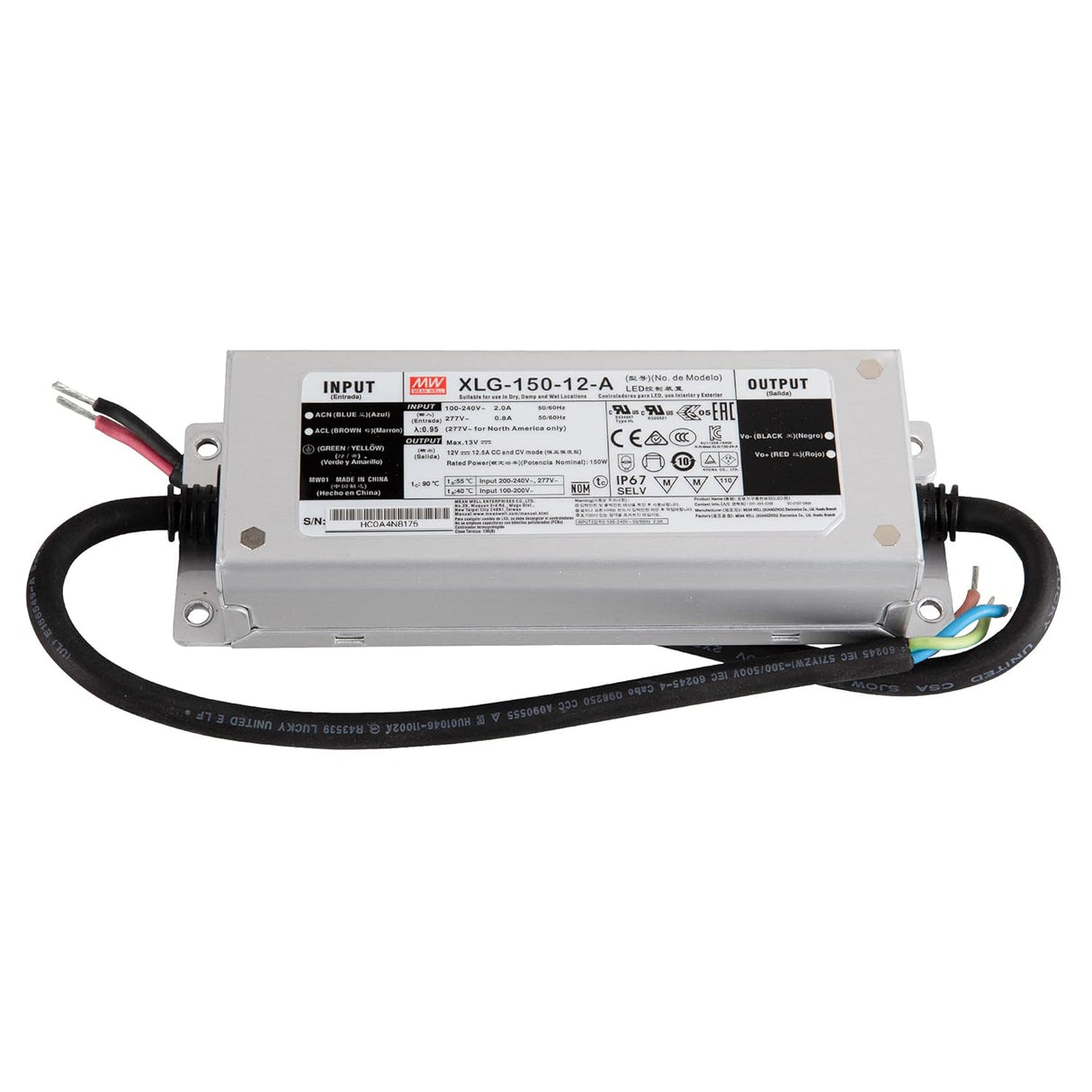 A Compact IP67 Waterproof LED Driver (24V) from the Meanwell XLG Series, featuring input/output wires, a technical label, and mounting flanges—ideal for lighting—shown on a white background.
