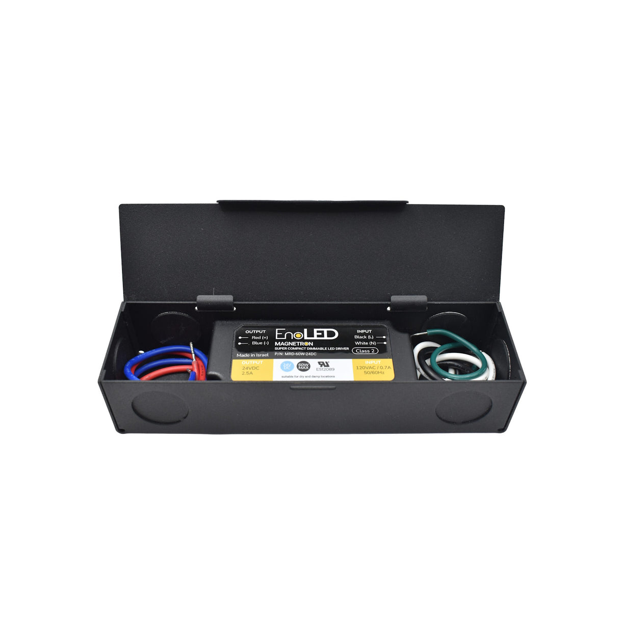 A black rectangular metal junction box with an open lid contains a Super Compact Dimmable Class 2 LED Driver (12V) ~ EnoLED XRD Series, yellow and black in color, along with coiled red, blue, white, and green wires inside.