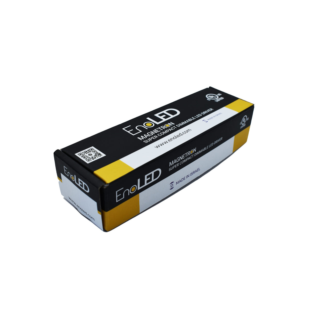 A black and yellow rectangular box labeled “EnoLED MAGNETRIM,” containing a magnetic LED strip, is shown on a white background. The packaging highlights compatibility with the Super Compact Dimmable Class 2 LED Driver (24V) ~ EnoLED XRD Series.