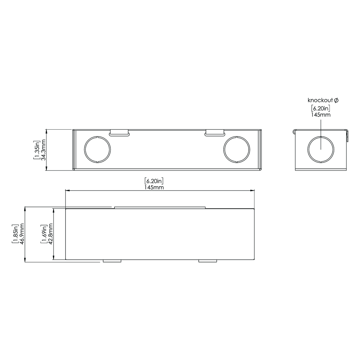 Technical drawing of the Super Compact Dimmable Class 2 LED Driver (24V) ~ EnoLED XRD Series: three views, 6.20 in (145 mm) wide by 1.58 in (40 mm) high, two circular knockouts—perfect for 24V DC LED driver setups.