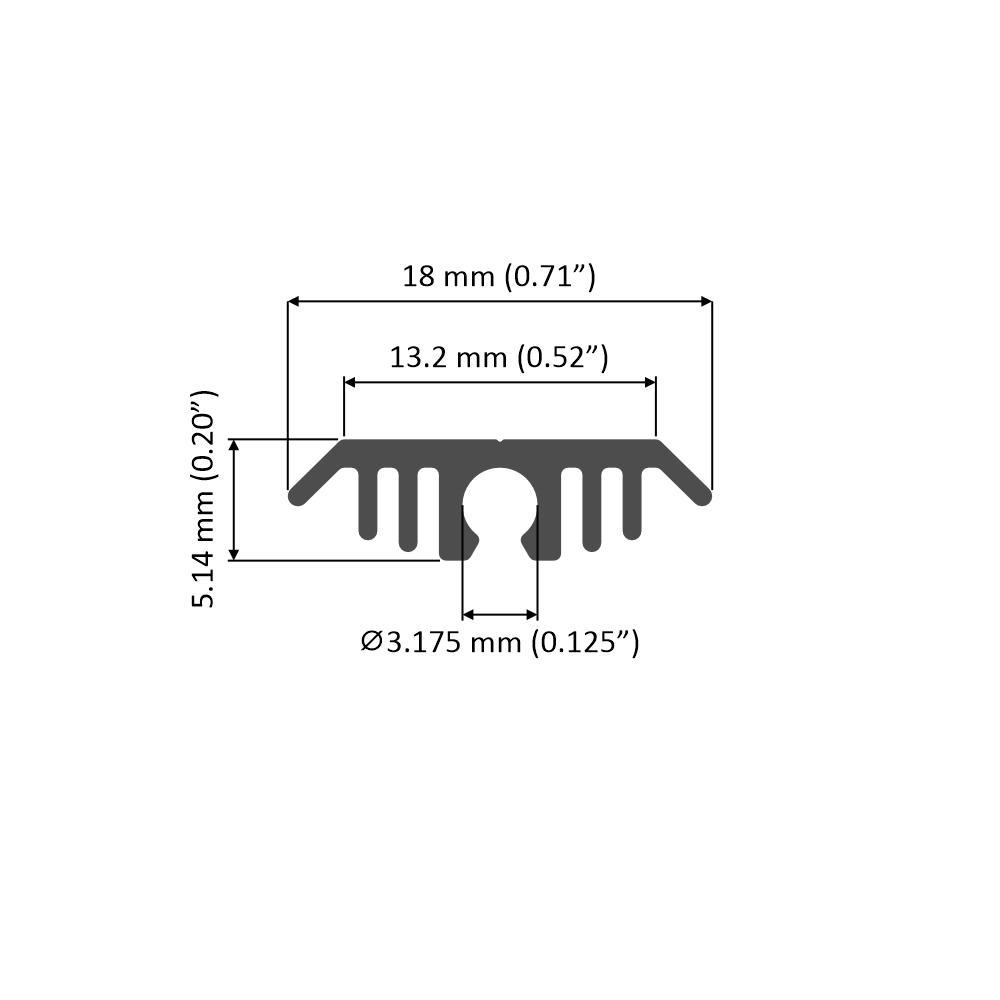 A technical drawing of the Flat Bar Aluminum Heatsink LED Profile (Model Yukon) in black, comb-shaped design, showing labeled dimensions: width 18mm, height 5.14mm, slot width 13.2mm, and a 3.175mm diameter hole for efficient heat dissipation.