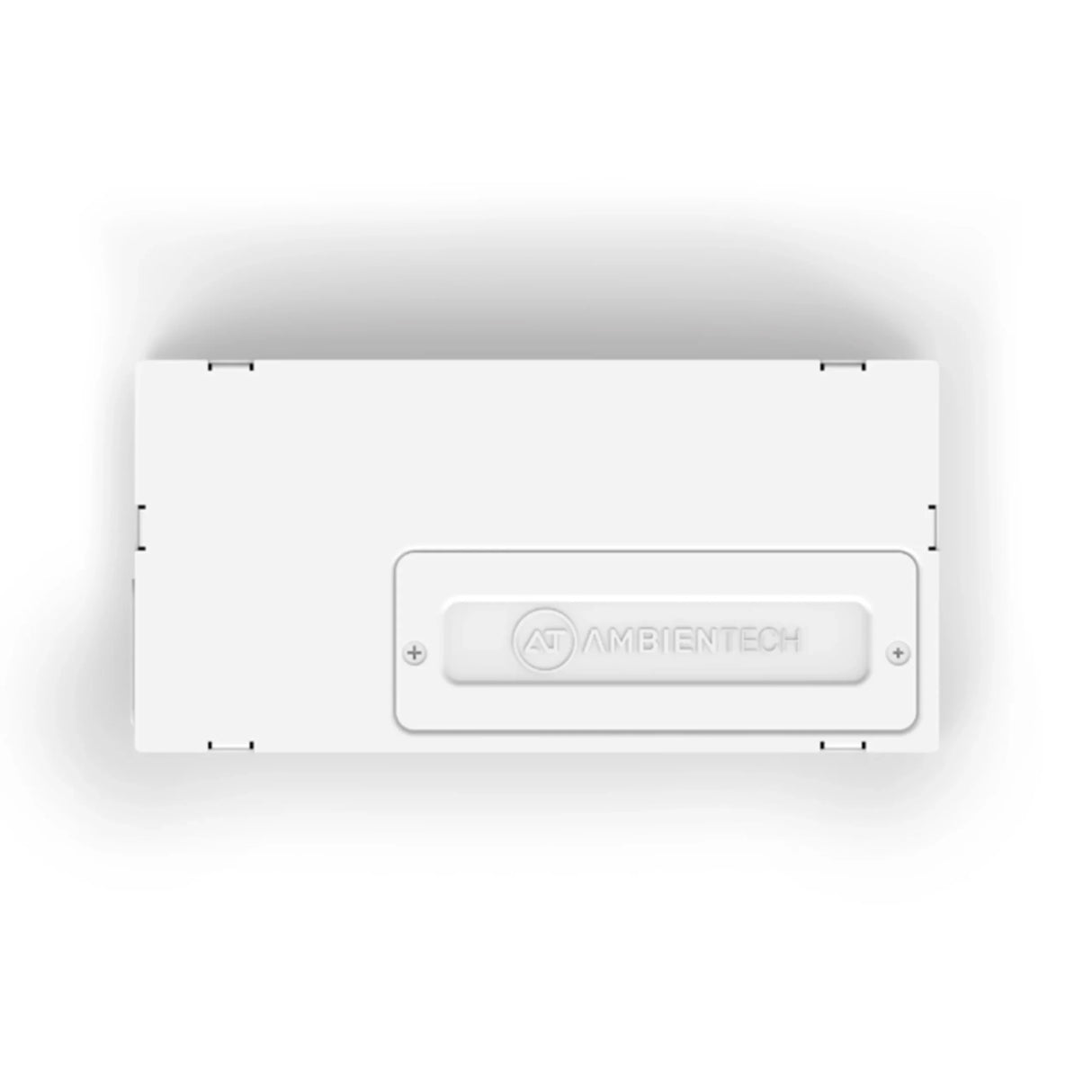 Sleek rectangular white electrical box with a raised center panel embossed with Ambientech. The Dual Channel 0-10V Dimmer for CCT Lights ~ Zero System offers minimalist control for tunable-white LED strips, featuring smooth edges and subtle shadows.