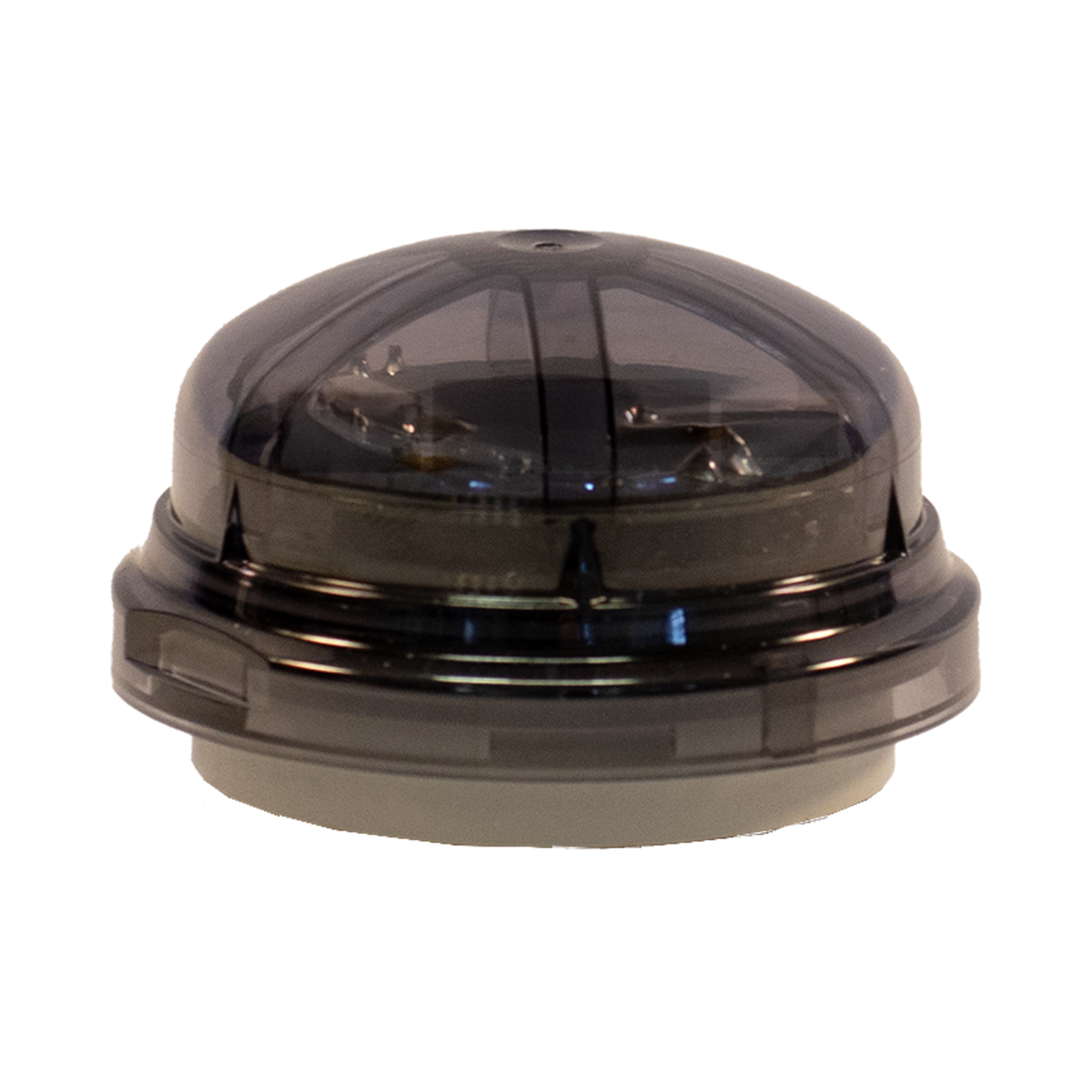 A round, dark-tinted plastic device with a domed top and white base, shown from the side on a white background, is the Casambi Enabled 12-Channel Outdoor DMX Master Controller (Model Zhaga casDMX).