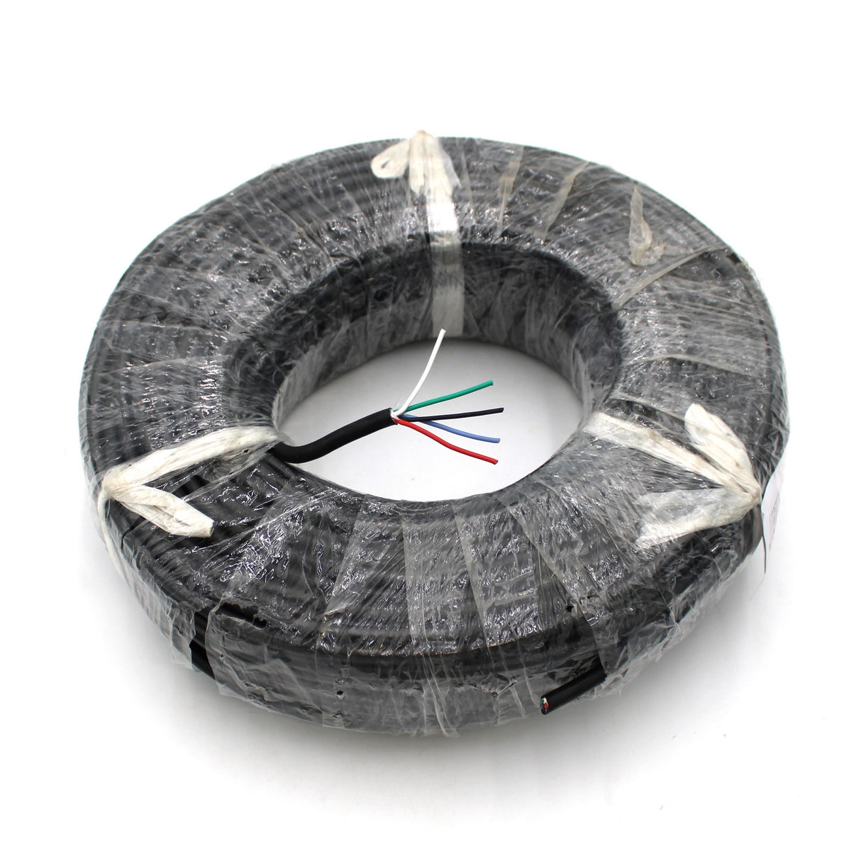 A coil of RGBW 5-core 18 AWG Silicone Electrical Wire wrapped in clear plastic, with red, green, blue, white, and black wires visible at one end.