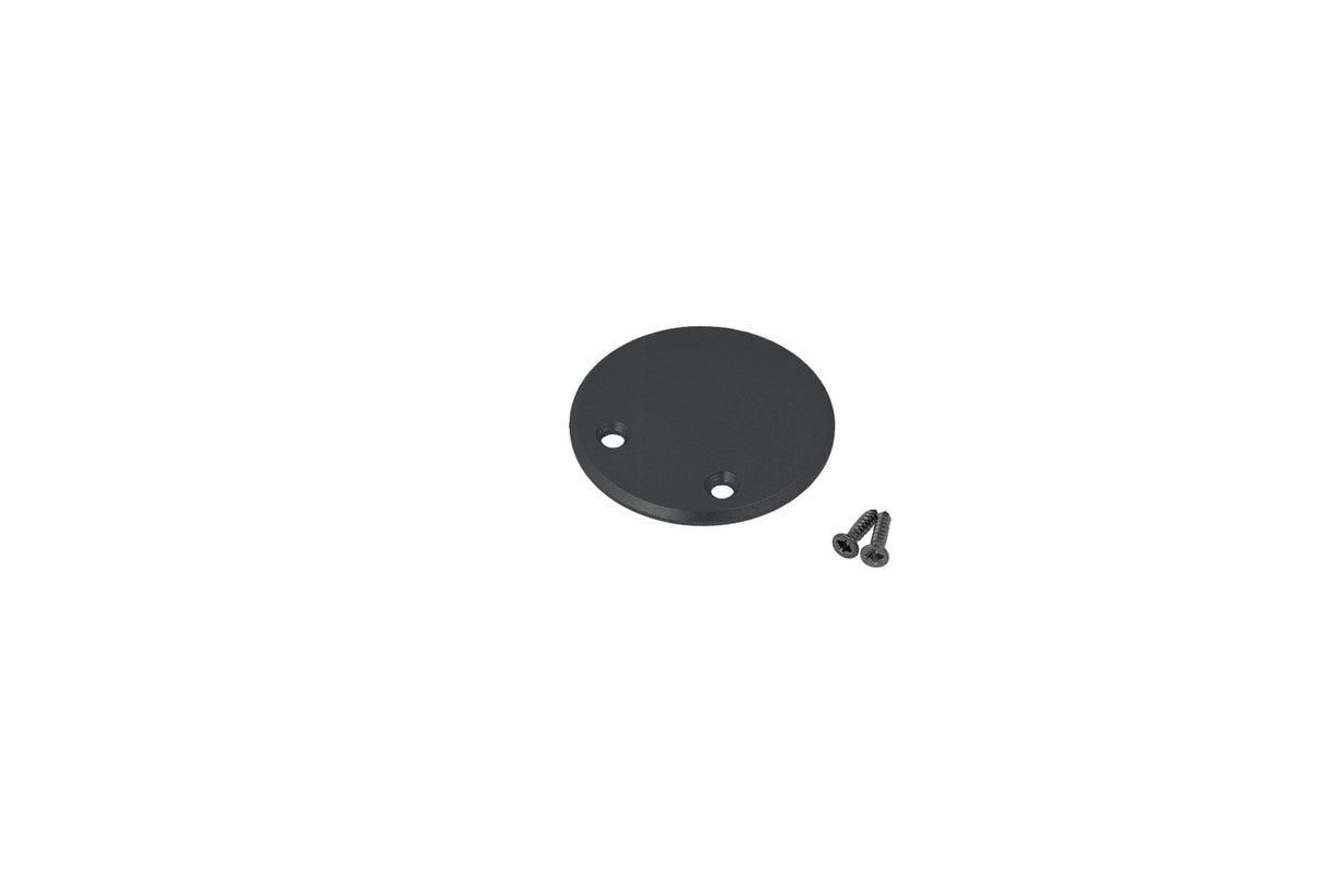 A black circular aluminum Extension Arm End Cap for Oval20 Profile with two holes is shown next to two small screws on a plain white background.