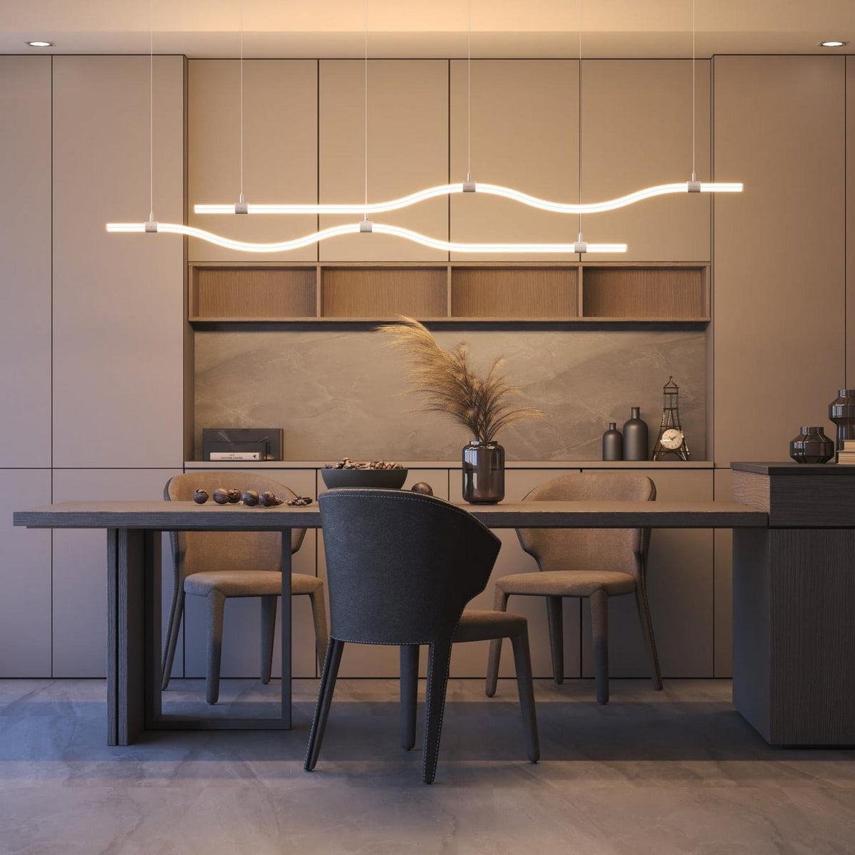 Two parallel, wavy Double-Sided Bendable LED Channel ~ Model Arc12 Duo pendant lights hanging above a dining table in a modern kitchen.