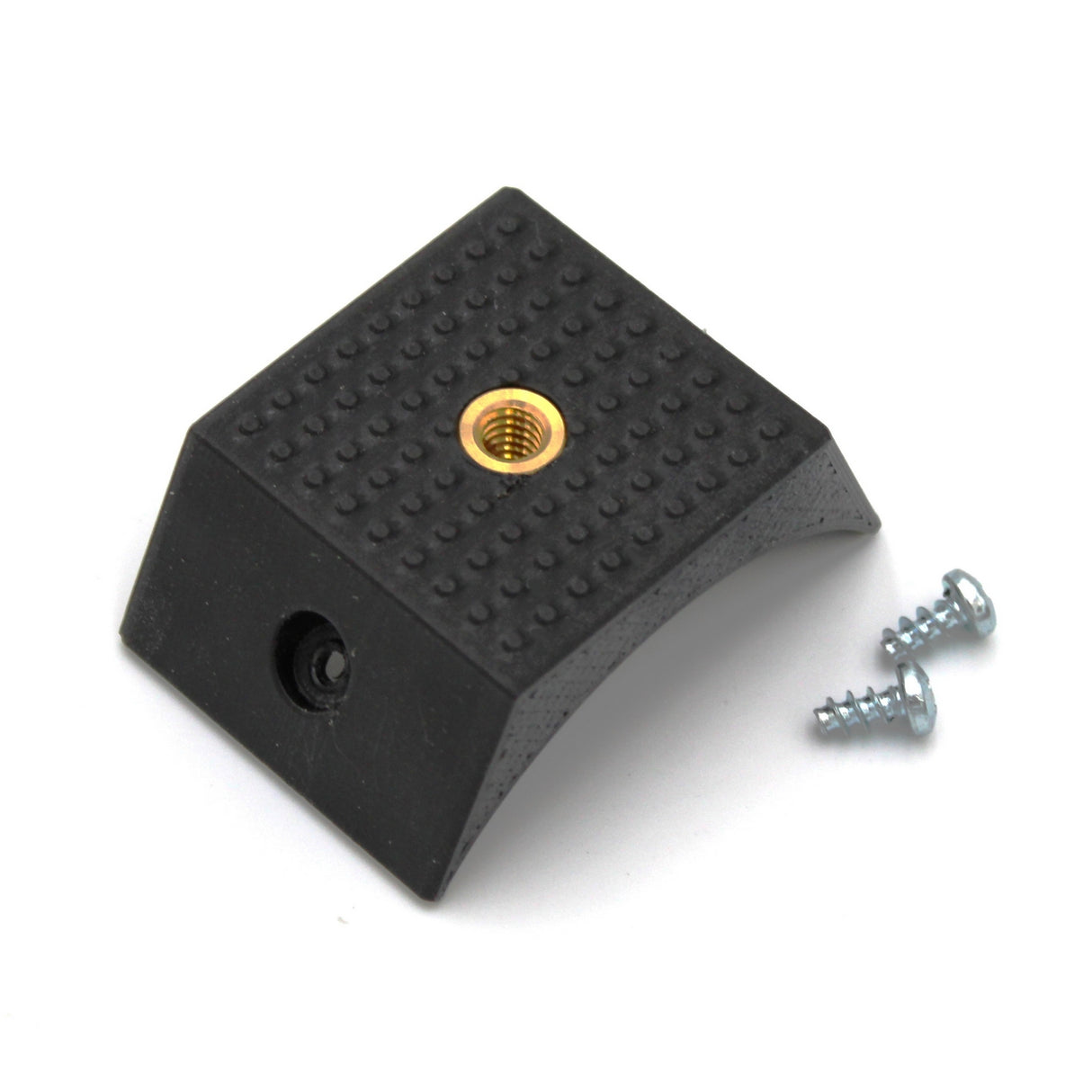 The S65 Tripod Mount is a black, textured, rectangular LED tube mount with a brass threaded insert, rounded edges, side hole, and two silver screws—perfect as a portable mounting accessory for Smokies65 & Sierra65 tubes.