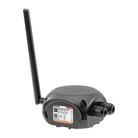 The AIR-BRIDGE-DMX is a black wireless DMX transmitter and receiver system featuring an antenna, two cable ports, and a side label with technical details, designed for reliable lighting control.