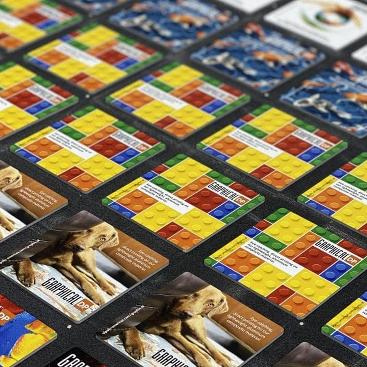 A close-up shows several colorful ALPOLIC Graphic-AL Series signage panels arranged in a grid, each featuring printed images of dogs, vibrant LEGO-style bricks, and various logos and text.
