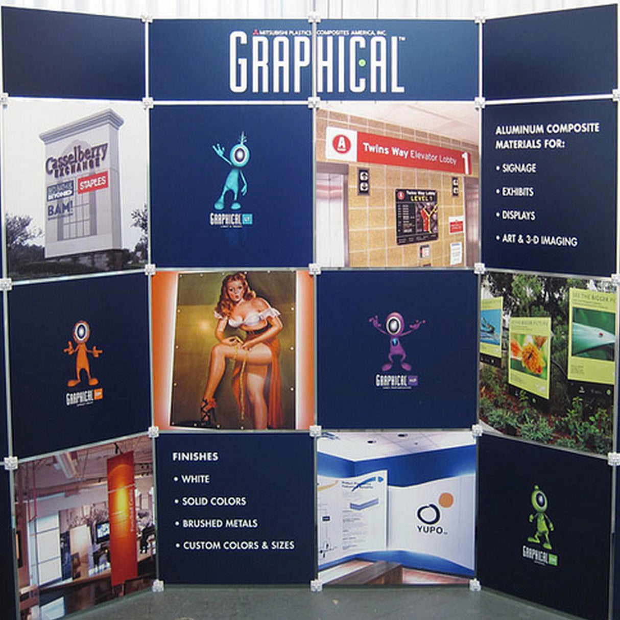 The ALPOLIC Graphic-AL Series is a signage aluminum composite material panel for architectural signage, exhibits, and displays, offering customizable finishes for promotional images, logos, and text.