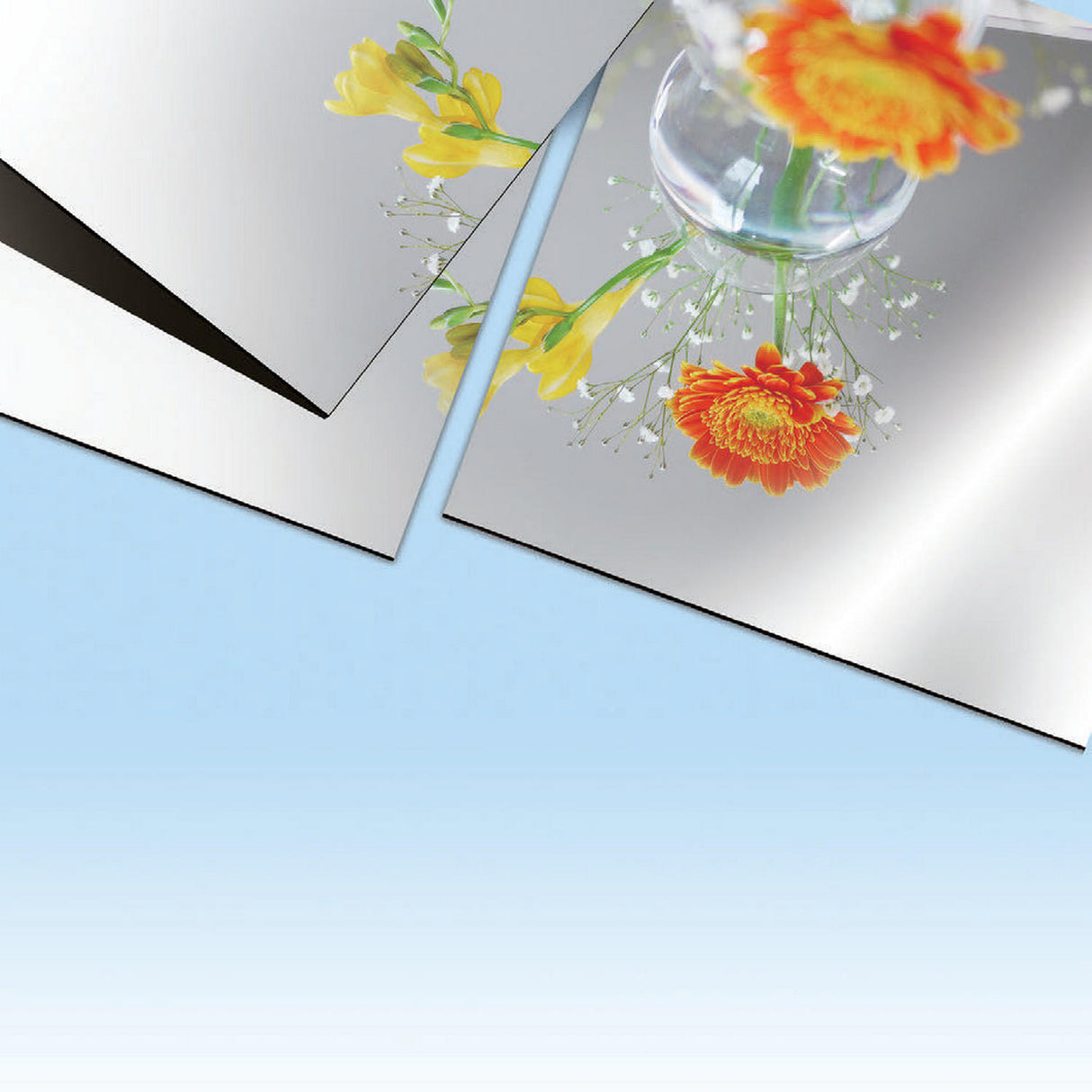 Two sheets of ALPOLIC/RF Series Reflective Aluminum Composite Material Panel partially overlap on a light blue surface, each reflecting a vase with orange and yellow flowers to showcase their exceptional reflectivity.