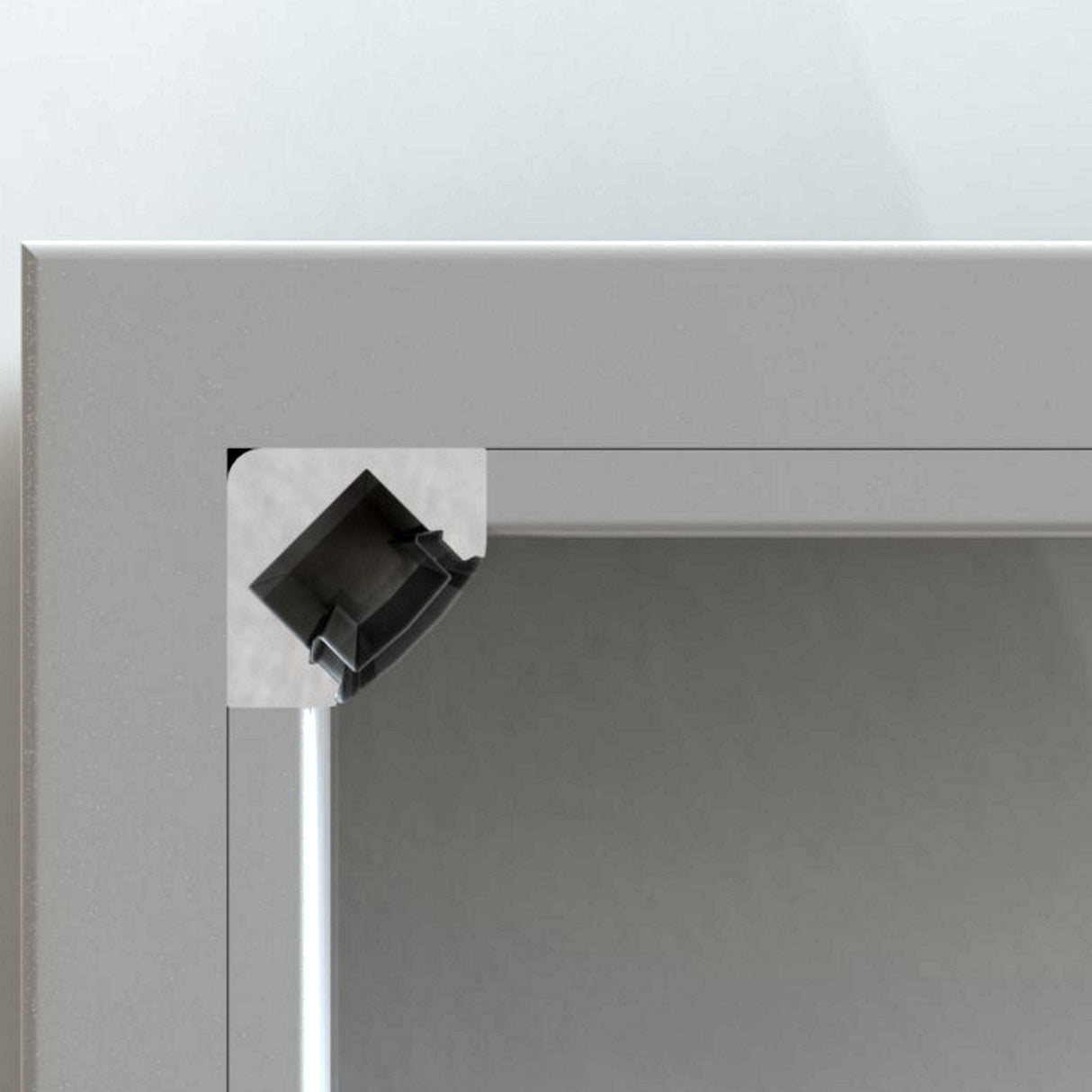 Close-up of a gray rectangular 45 Degree Corner Mount LED Channel (Model ALU-45), highlighting a small dark gray plastic bracket on the inner edge—ideal for sleek LED lighting installations. Soft, out-of-focus background.