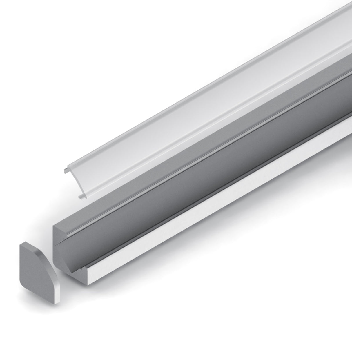 The 45 Degree Corner Mount LED Channel (Model ALU-45) is shown in silver aluminum with a clear, partially open diffuser cover and a separate gray end cap against a white background, ideal for LED lighting installations.
