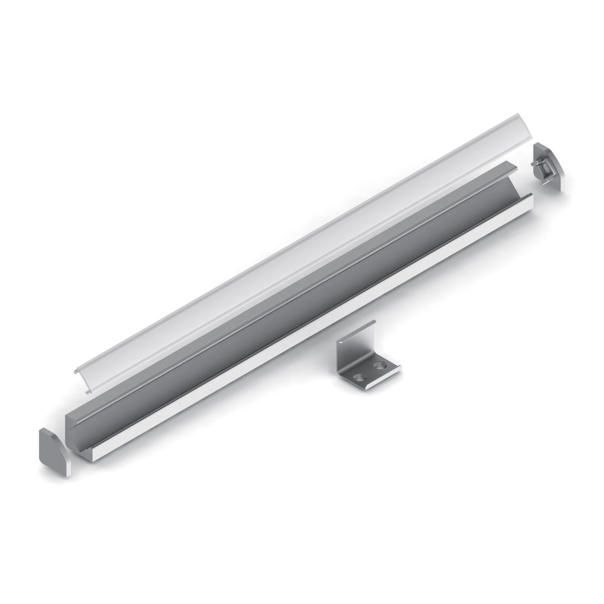 The 45 Degree Corner Mount LED Channel (Model ALU-45) features a long, rectangular metal bracket with an open channel and transparent cover, plus two mounting clips, all displayed on a white background.
