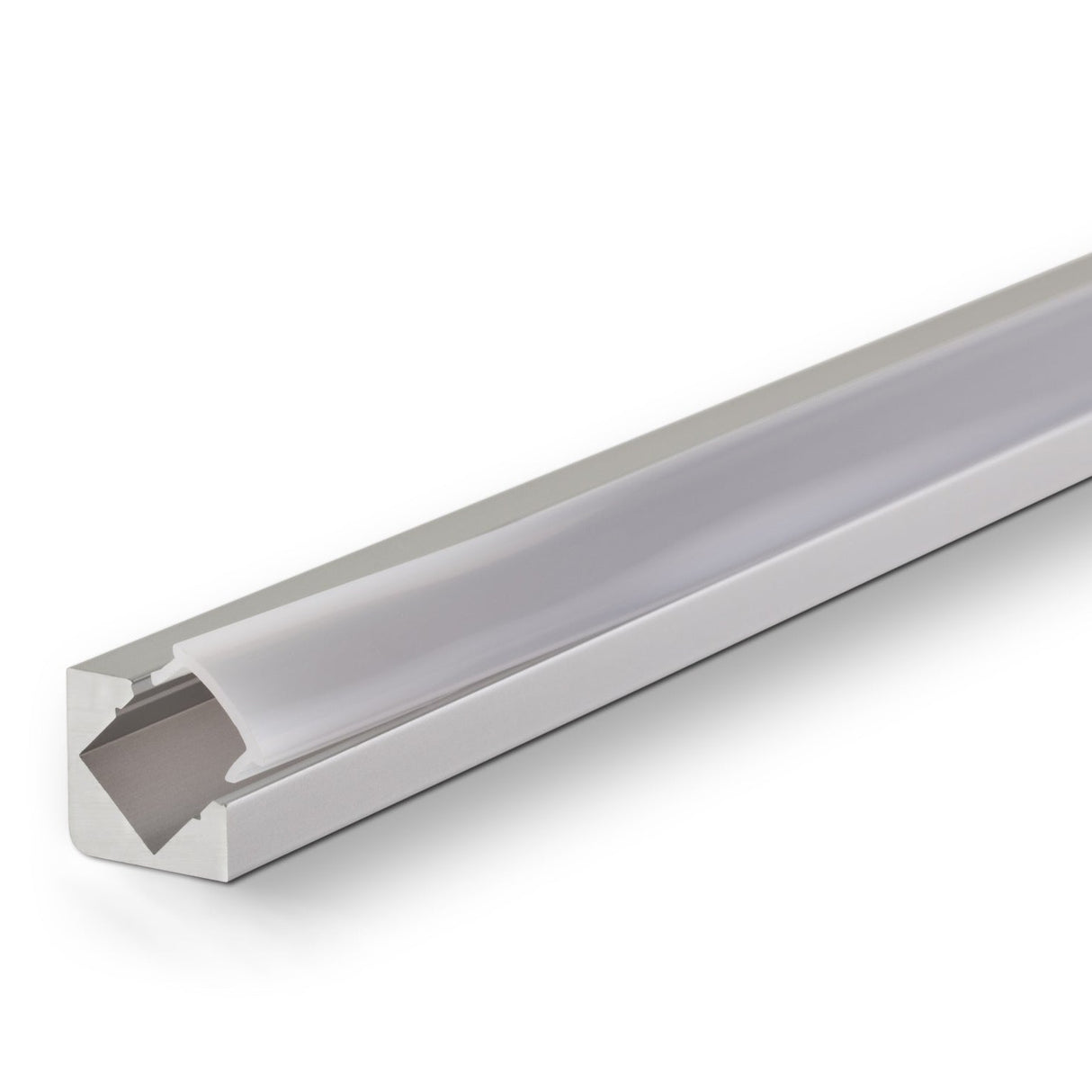 The 45 Degree Corner Mount LED Channel (Model ALU-45) features a silver aluminum finish and frosted diffuser, ideal for housing and protecting LED strip lights in any lighting application.