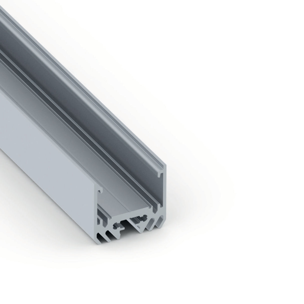 A close-up of the Surface Mount LED Strip Channel ~ Model Alu-Epoxy2, a gray aluminum profile with complex grooves designed for LED strips or as a heat sink, photographed on a white background.