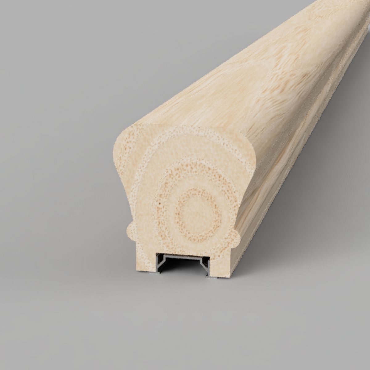 A close-up of the Solid Wood LED Handrail Profile ~ Model Appalachians Wood reveals its illuminated, rounded timber design with a metal mounting channel, showcased against a simple gray background.