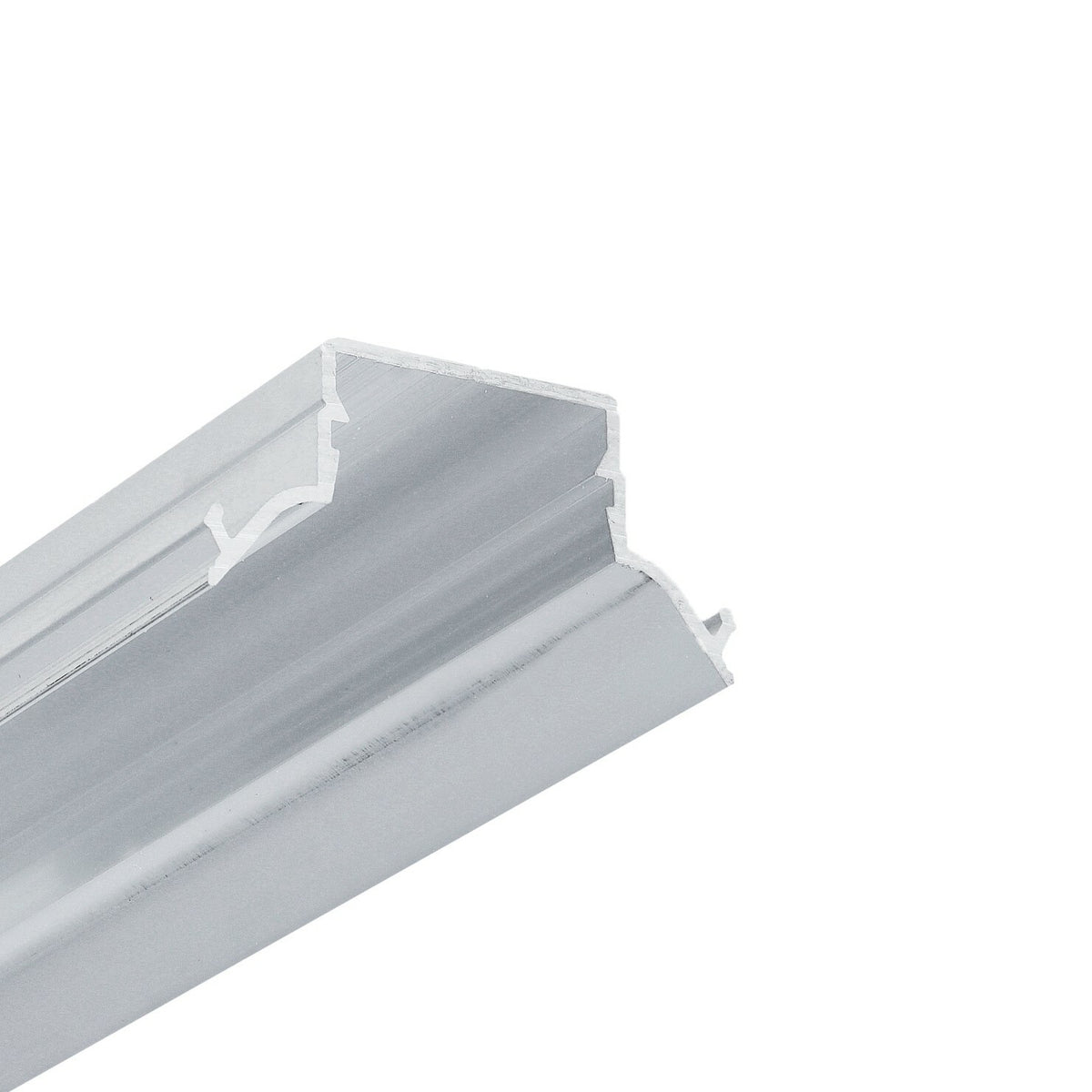 A silver aluminum Complementary Profile ~ Model Pixel33-04 LED channel with an angular, recessed light tray cross-section.