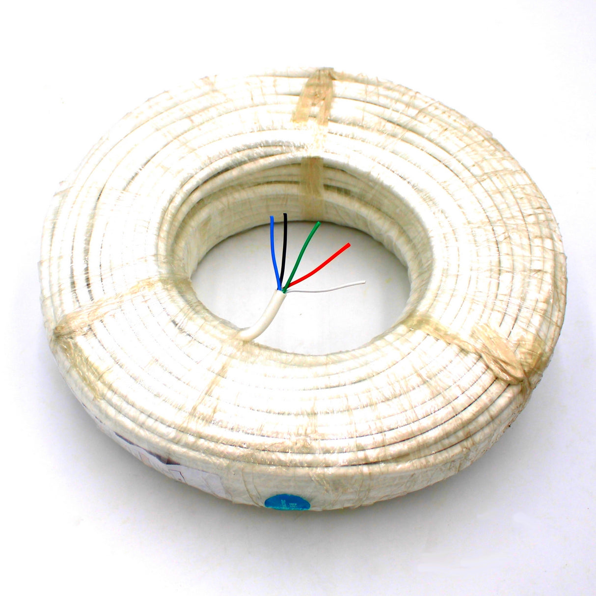 A coil of RGBW 5-core 18 AWG Silicone Electrical Wire wrapped in plastic sits on a white surface, with four colored wires—black, green, blue, and red—emerging from the center.
