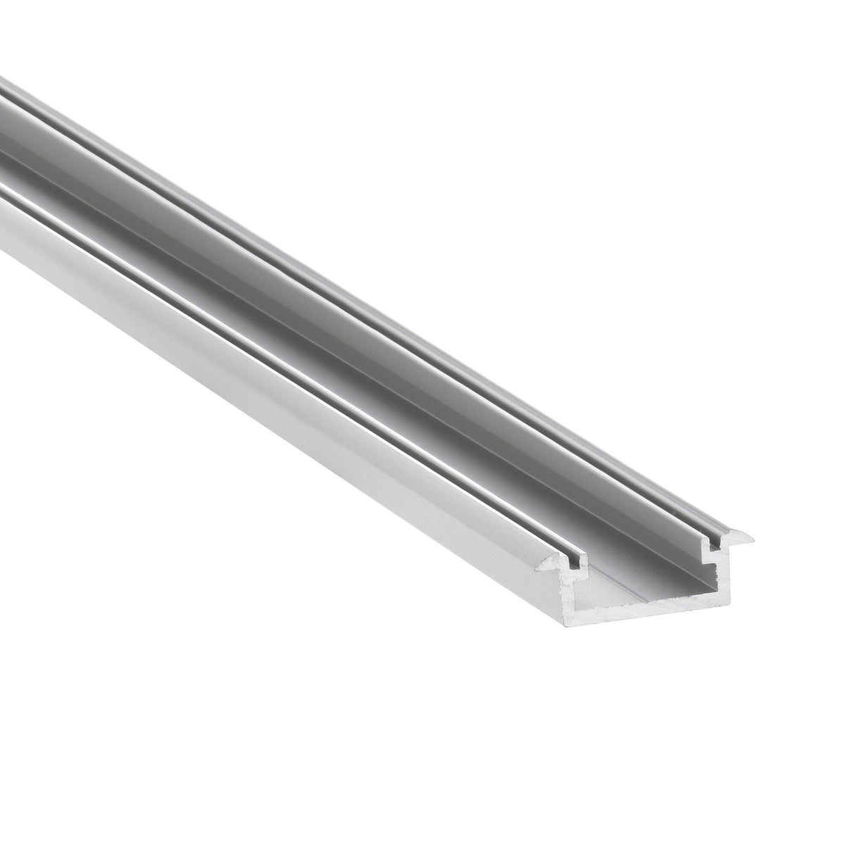 The 0.53" Small Recessed LED Channel ~ Model Frankfurt is a silver aluminum profile with a rectangular, hollow design and top groove, ideal for minimalist LED installations, shown on a white background.