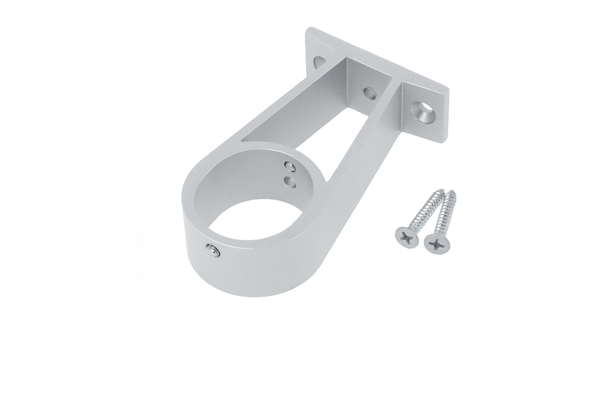 A silver aluminum wall bracket with a circular holder, designed for the Extension Arm for Oval20 Profile, is displayed beside two silver screws on a white background.