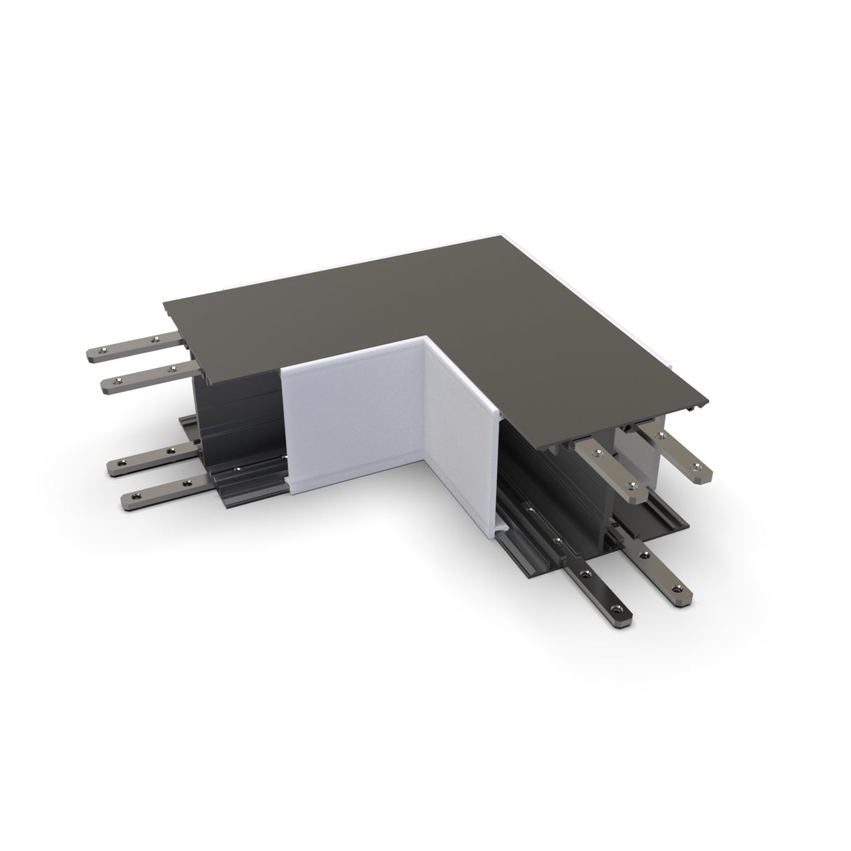 A 3D render of the 90 Degree Connector for DPL55-FL Profile, an L-shaped metal expansion joint with multiple metal support brackets, shown against a white background.