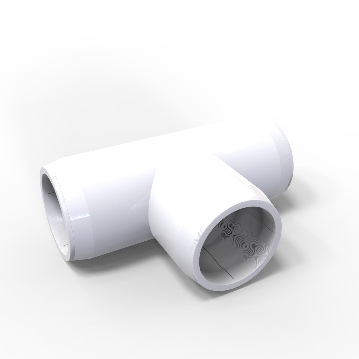 The Structural PVC Joiner for Sierra38 Round Profiles is a white, T-shaped plastic fitting with three open ends, perfect for assembling custom lighting structures or connecting light diffuser tubes.