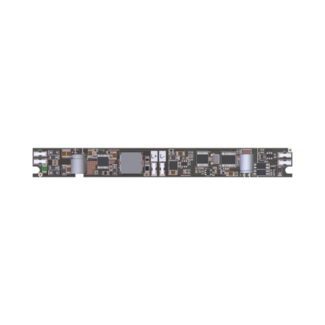 The MINITRACK-1CC-DALI-HC is a rectangular Single Channel Constant Current LED Controller with hybrid dimming technology, connectors, and chips arranged along its length, displayed against a white background.