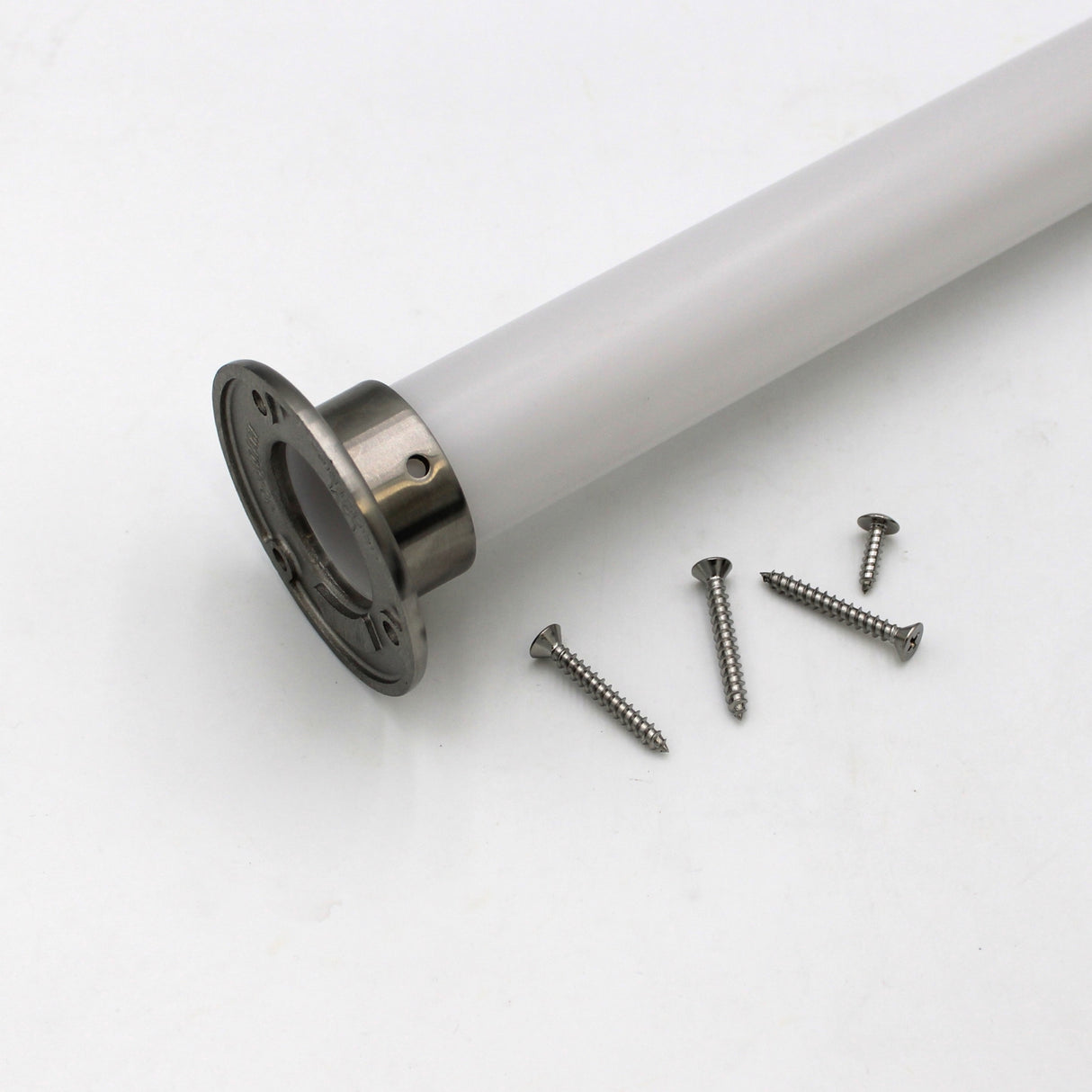 A 3 Round Wall Flange Base Plate for 1.50 round profiles is shown with a white rod and four silver screws, ideal for securing handrails or other railing projects.