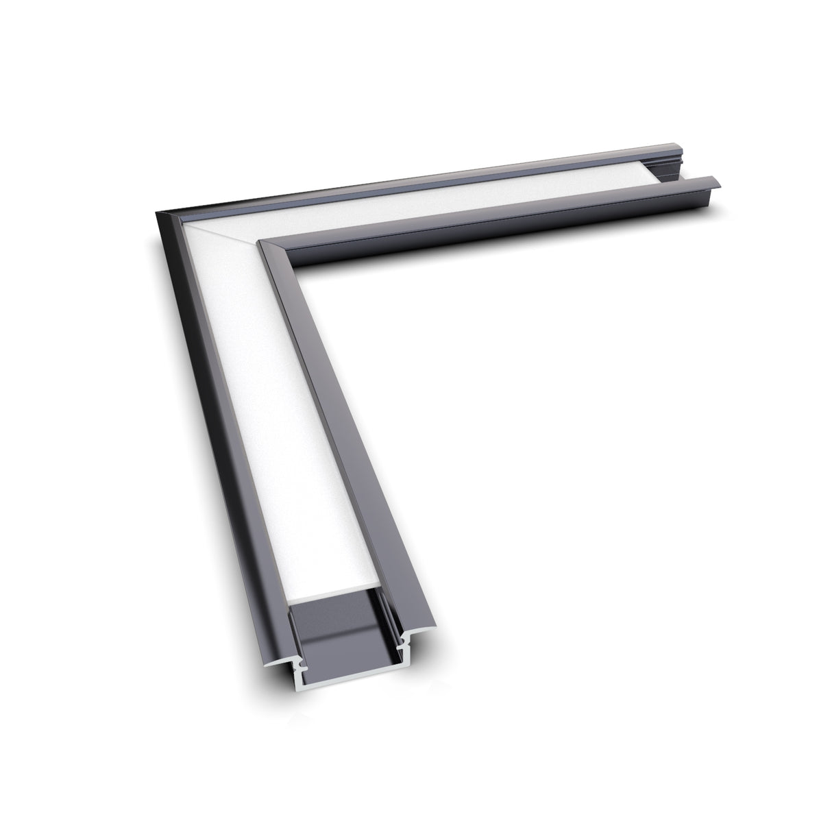 A 3D-rendered image of the 90 Degree Connector for Begtin12 Profile, showing a metallic, L-shaped LED channel frame with an inner white panel and clean, modern design, viewed from above on a white background.