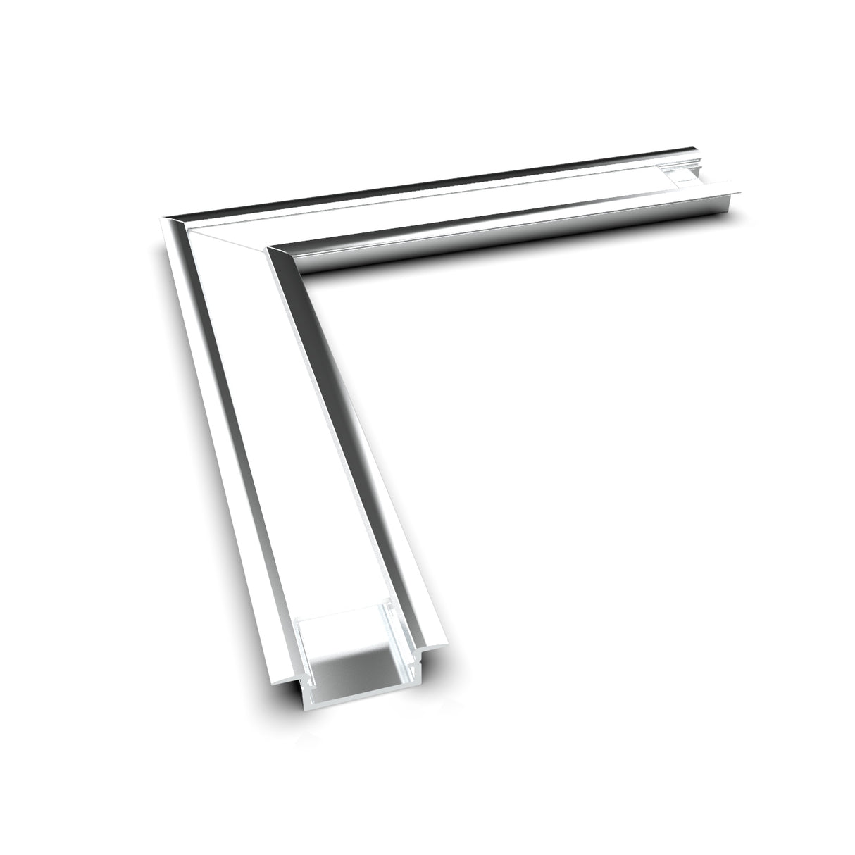 A 3D-rendered image of a silver L-shaped metal frame with an inner groove, shown as the 90 Degree Connector for Begtin12 Profile LED channels, isolated on a white background.