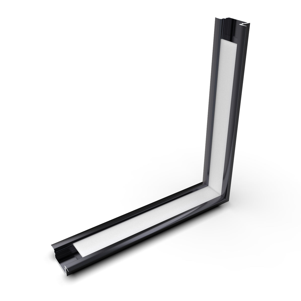 A black L-shaped metal frame with a white interior, displayed on a white background, is the 90 Degree Connector for Begtin12 Profile—designed to join LED channel profiles at right angles.