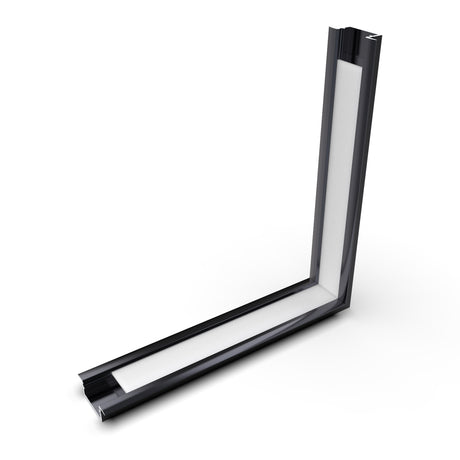 A black L-shaped metal frame with a white interior, displayed on a white background, is the 90 Degree Connector for Begtin12 Profile—designed to join LED channel profiles at right angles.
