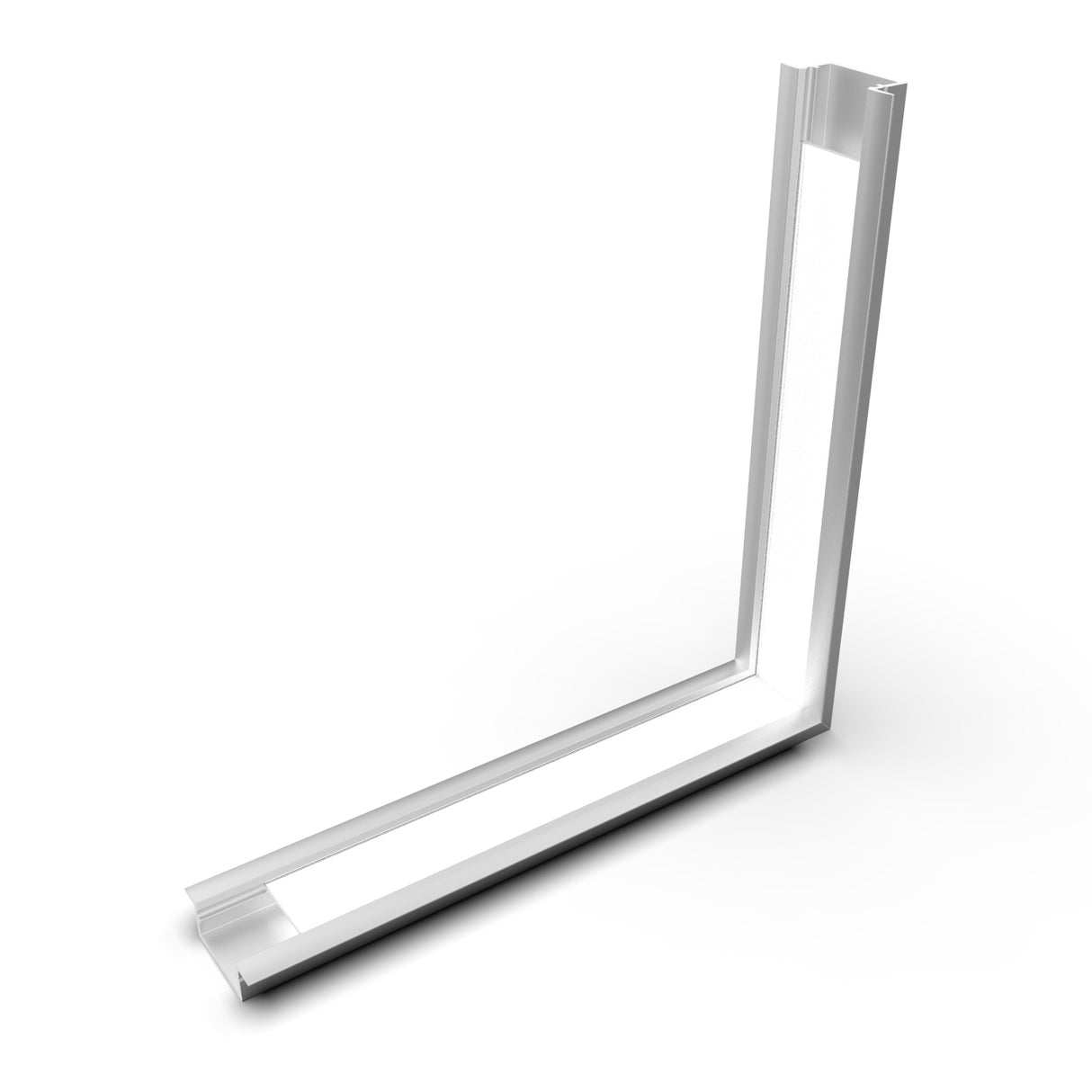 The 90 Degree Connector for Begtin12 Profile is a white, L-shaped LED fixture with a minimalist look, glowing inner edges, and metallic frame. It seamlessly connects corners and is displayed against a plain white background.