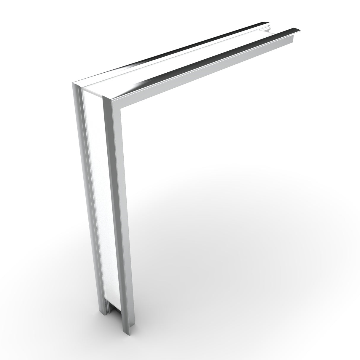 A 3D rendering shows the 90 Degree Connector for Begtin12 Profile, a metallic L-shaped frame with a reflective surface and clean, sharp edges, standing upright on a white background. The design is modern and minimalistic.