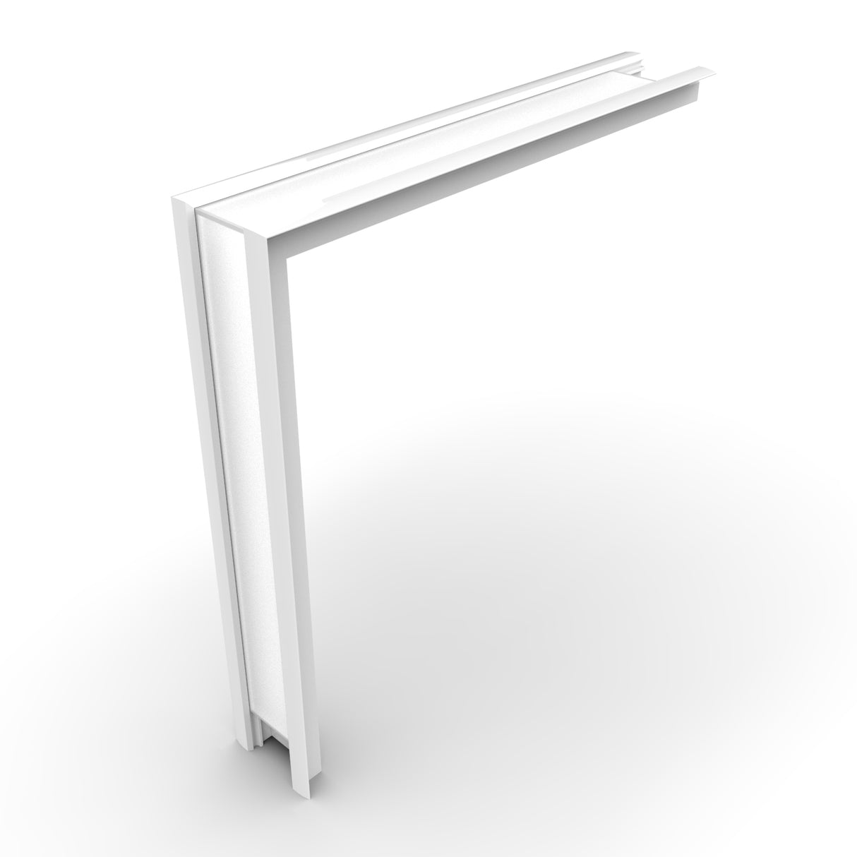 A white, L-shaped metal bracket with a smooth finish, the 90 Degree Connector for Begtin12 Profile is shown standing upright against a plain white background.