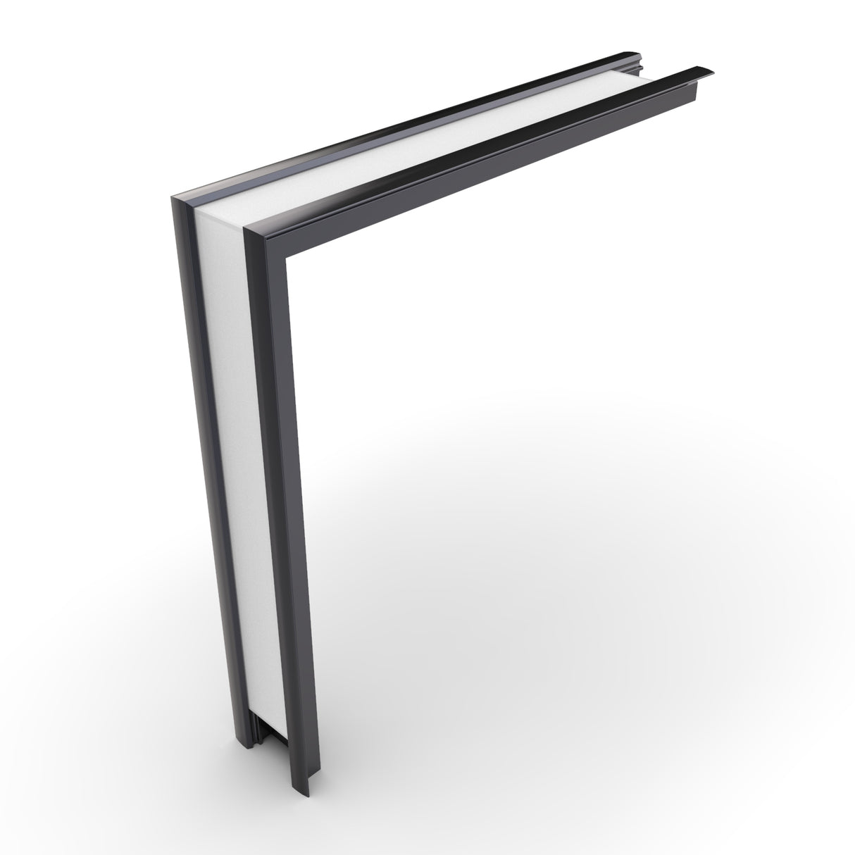 A 3D render of a black Begtin12 Profile frame forming an L-shape using the 90 Degree Connector for Begtin12 Profile, viewed from above at an angle on a white background, with the frame enclosing a white panel.